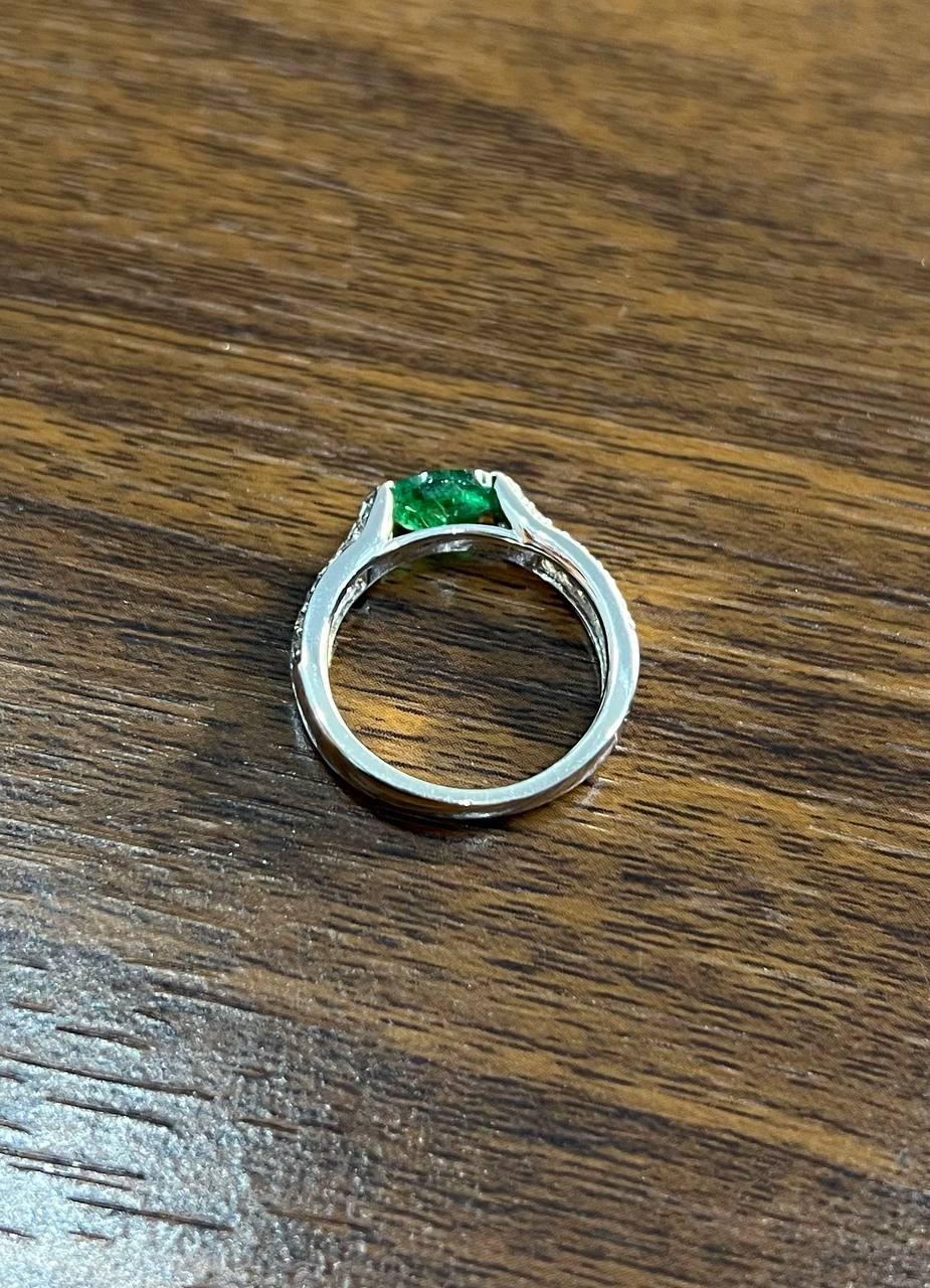 Green Emerald Oval Shape Diamond Channel Set 14K White Gold Statement Ring