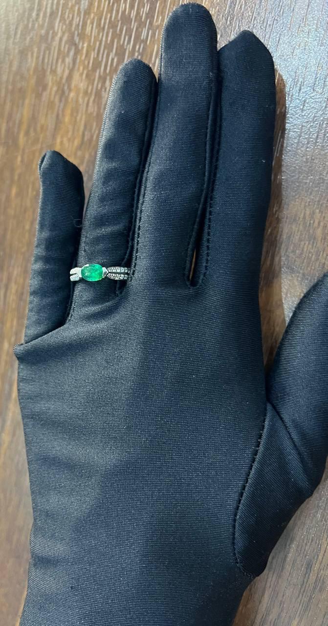 Oval Shape Green Emerald Horizontal Set 14K White Gold Diamonds Pave Ring