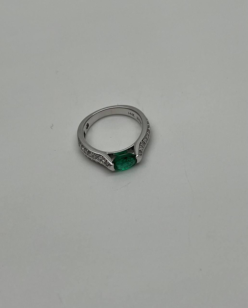 Green Emerald Oval Shape Diamond Channel Set 14K White Gold Statement Ring
