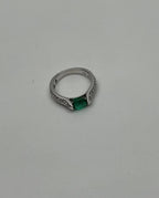 Oval Shape Green Emerald Horizontal Set 14K White Gold Diamonds Pave Ring