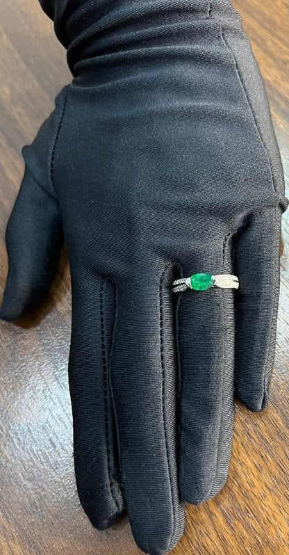Oval Shape Green Emerald Horizontal Set 14K White Gold Diamonds Pave Ring