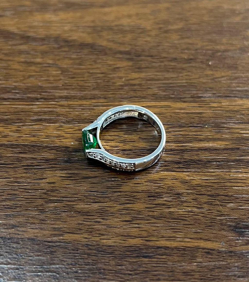 Oval Shape Green Emerald Horizontal Set 14K White Gold Diamonds Pave Ring