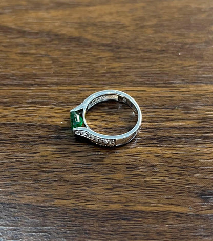 Oval Shape Green Emerald Horizontal Set 14K White Gold Diamonds Pave Ring