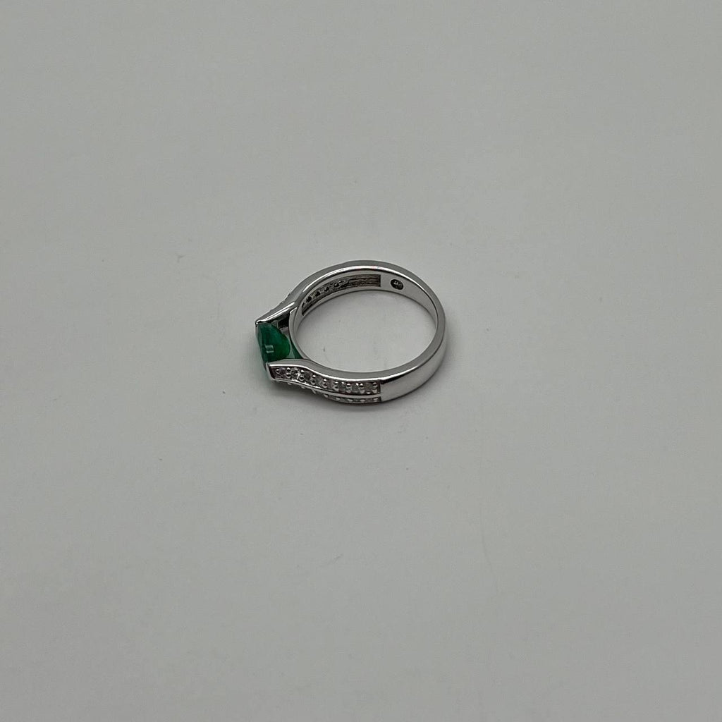 Green Emerald Oval Shape Diamond Channel Set 14K White Gold Statement Ring