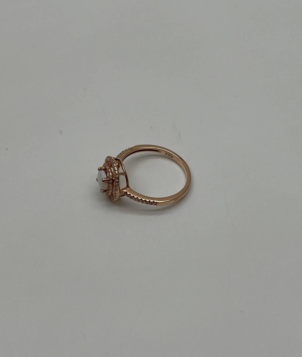 Round White Opal Double Diamond Halo 14K Rose Gold Statement Ring