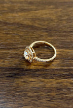 Round White Opal Double Diamond Halo 14K Rose Gold Statement Ring