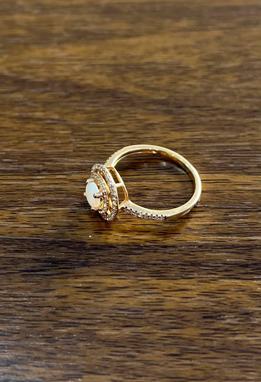 Round White Opal Double Diamond Halo 14K Rose Gold Statement Ring