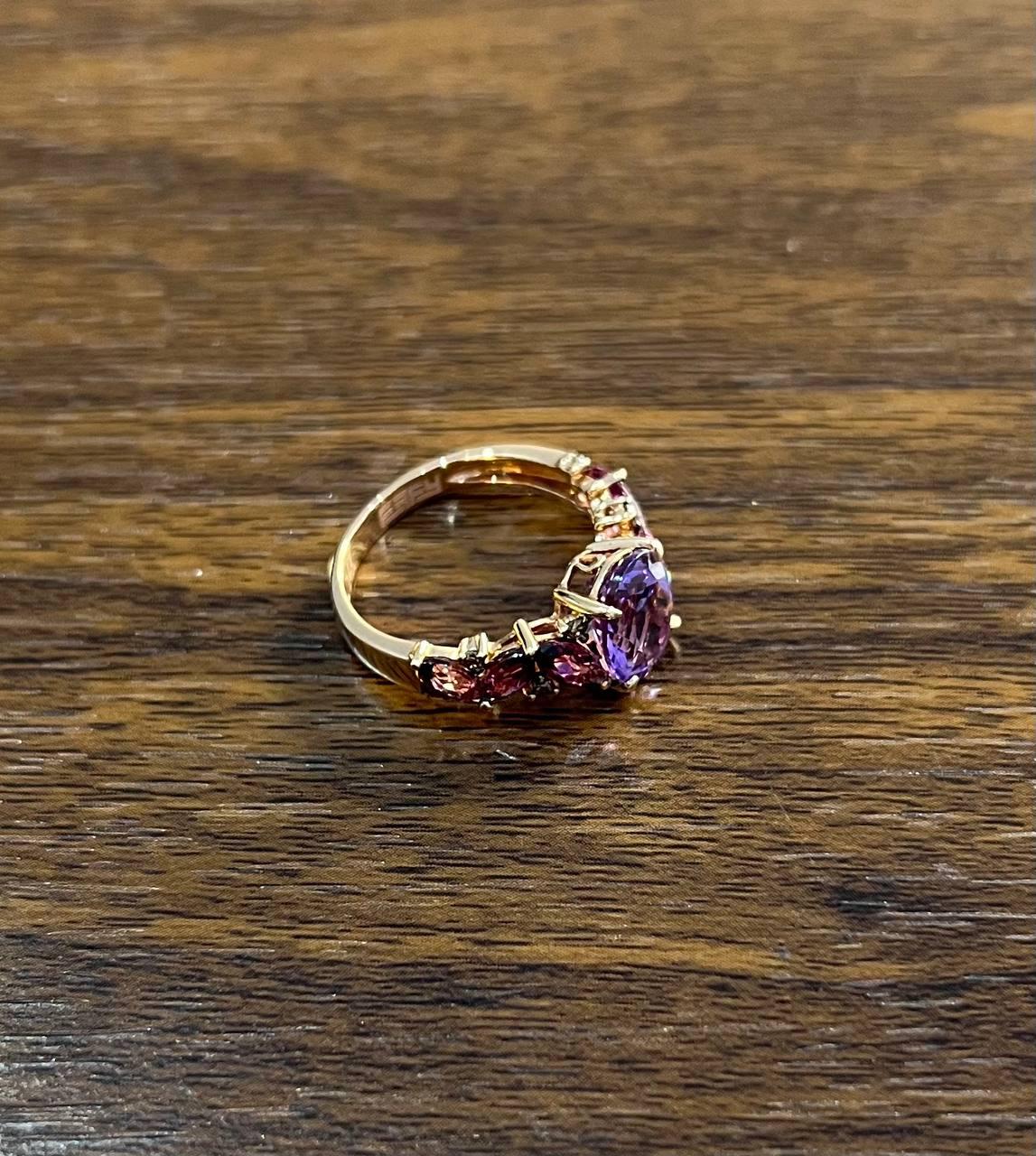 Purple Violet Amethyst & Rhodolite Garnet Diamonds 14K Rose Gold Statement Ring