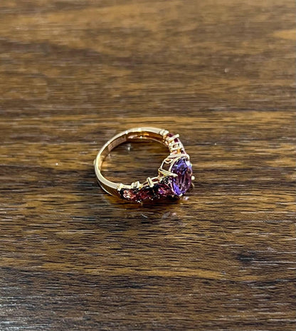 Purple Violet Amethyst & Rhodolite Garnet Diamonds 14K Rose Gold Statement Ring