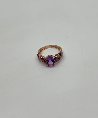 Purple Violet Amethyst & Rhodolite Garnet Diamonds 14K Rose Gold Statement Ring