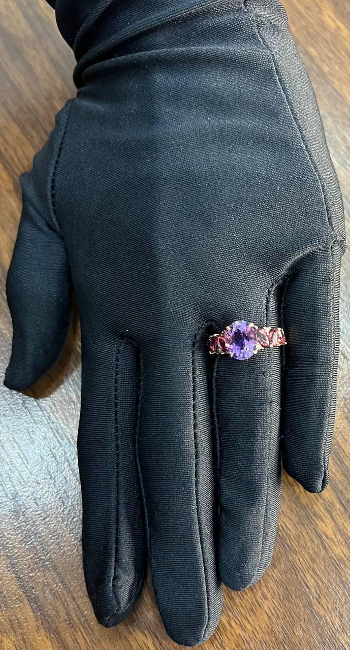 Purple Violet Amethyst & Rhodolite Garnet Diamonds 14K Rose Gold Statement Ring