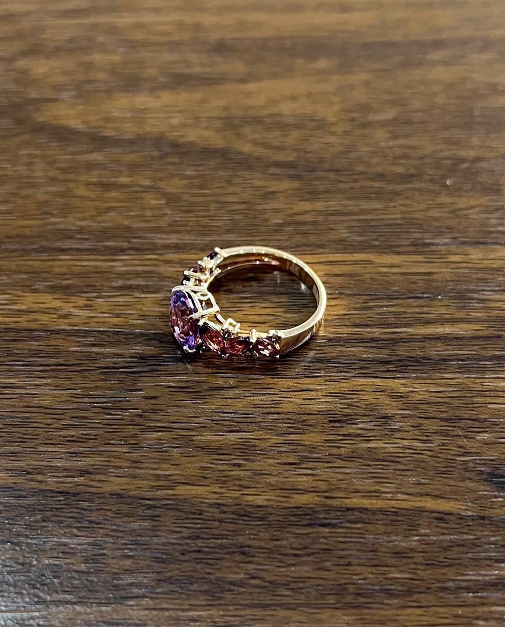Purple Violet Amethyst & Rhodolite Garnet Diamonds 14K Rose Gold Statement Ring