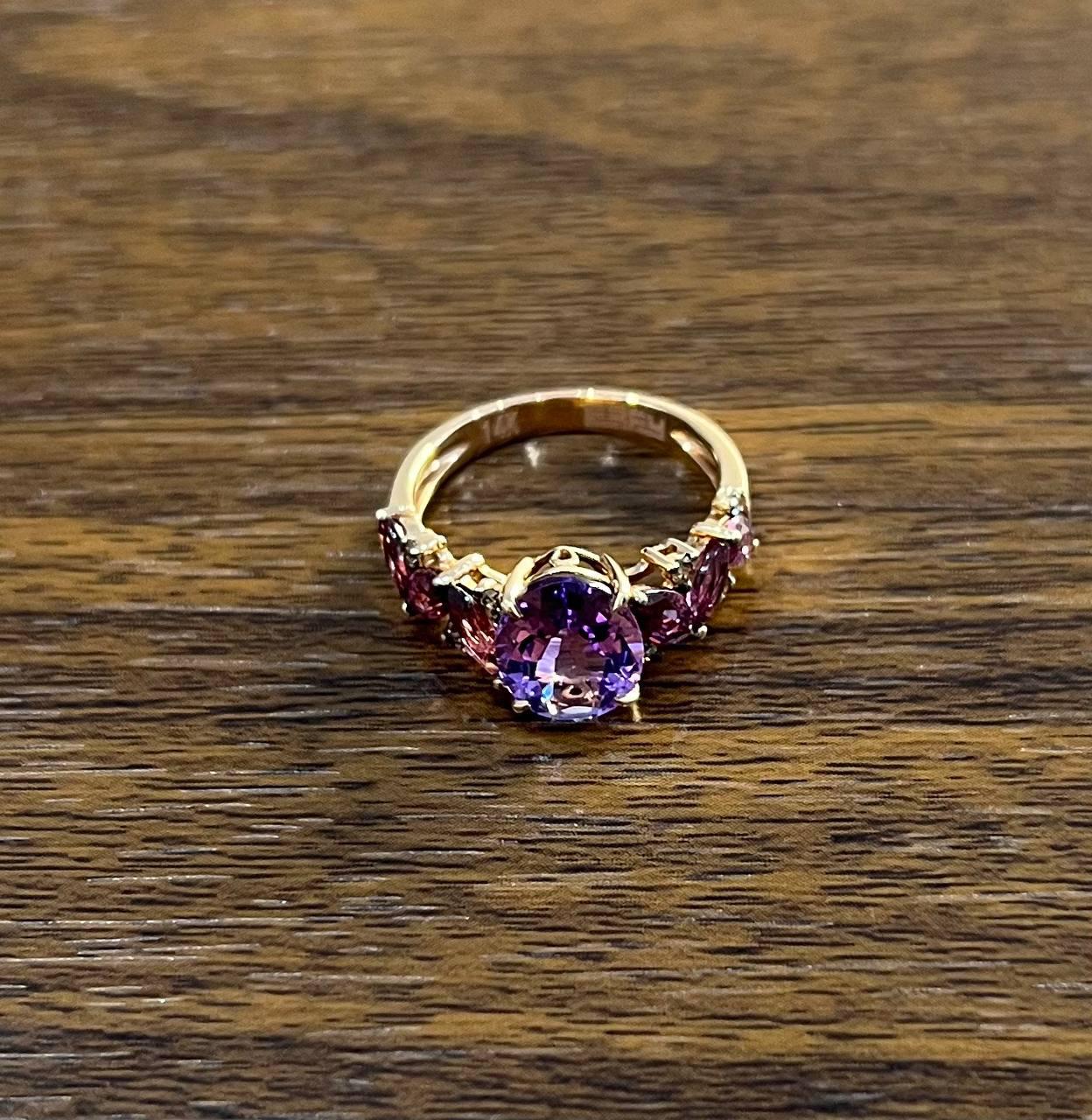 Purple Violet Amethyst & Rhodolite Garnet Diamonds 14K Rose Gold Statement Ring