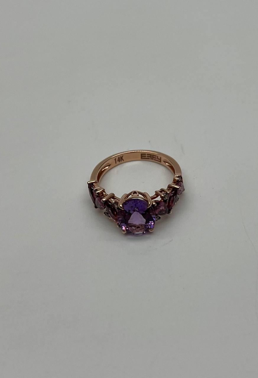 Purple Violet Amethyst & Rhodolite Garnet Diamonds 14K Rose Gold Statement Ring