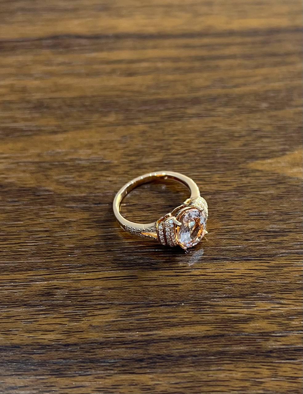Oval Shape Peach Pink Morganite 14K Rose Gold Statement Diamond Pave Set Ring