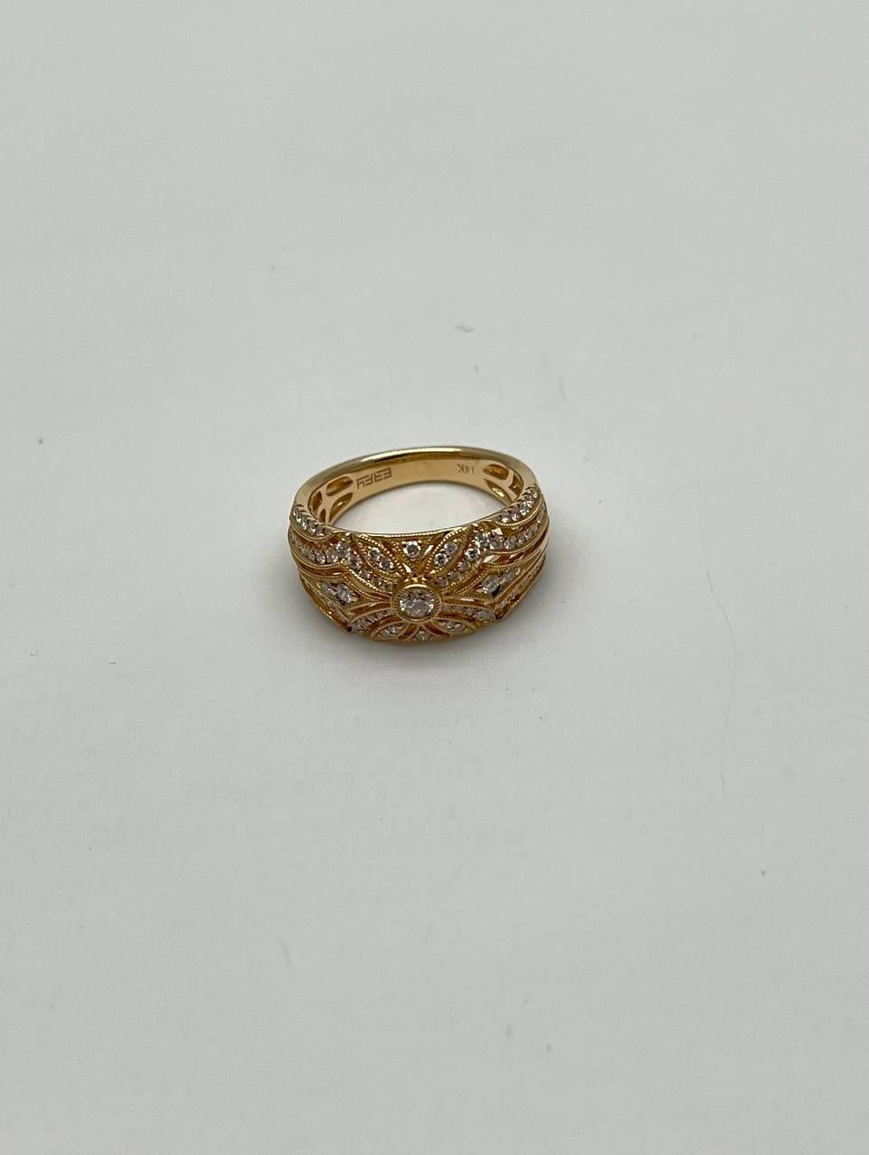 Edwardian Style Diamond Bezel Filigree 14K Yellow Gold Vintage Details Band Ring