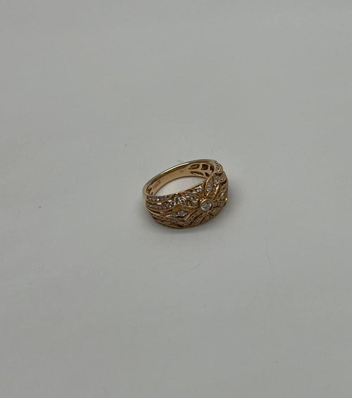 Edwardian Style Diamond Bezel Filigree 14K Yellow Gold Vintage Details Band Ring