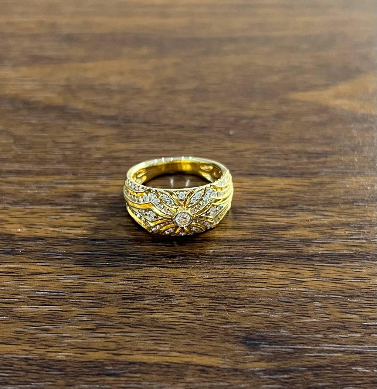 Edwardian Style Diamond Bezel Filigree 14K Yellow Gold Vintage Details Band Ring