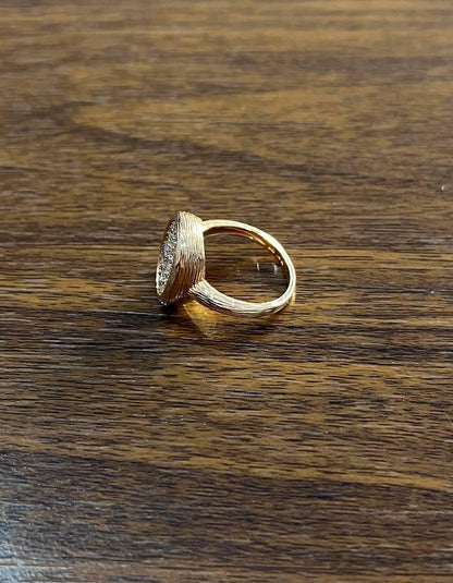 Oval Shape Diamond Pave Set 14K Rose Gold Grooved Branch Textured Statement Ring