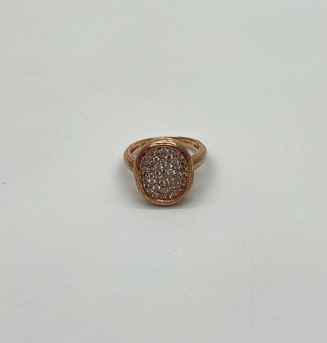 Oval Shape Diamond Pave Set 14K Rose Gold Grooved Branch Textured Statement Ring