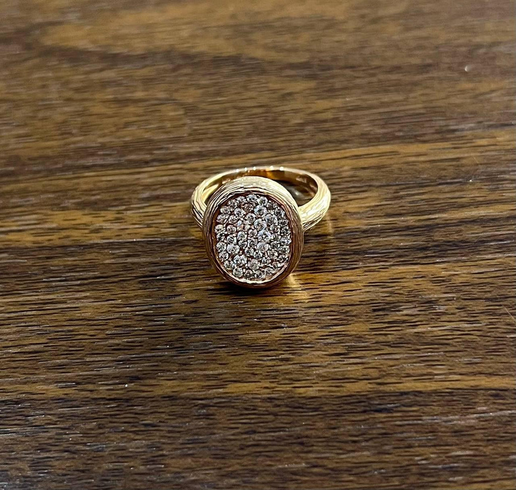 Oval Shape Diamond Pave Set 14K Rose Gold Grooved Branch Textured Statement Ring