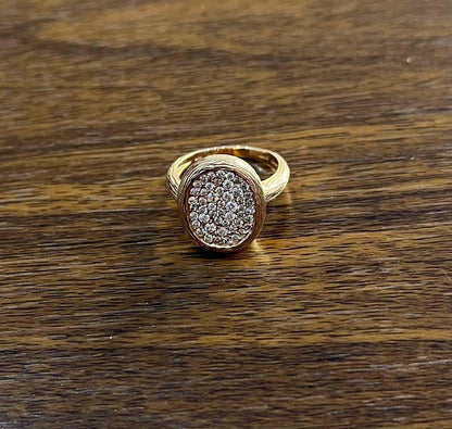 Oval Shape Diamond Pave Set 14K Rose Gold Grooved Branch Textured Statement Ring