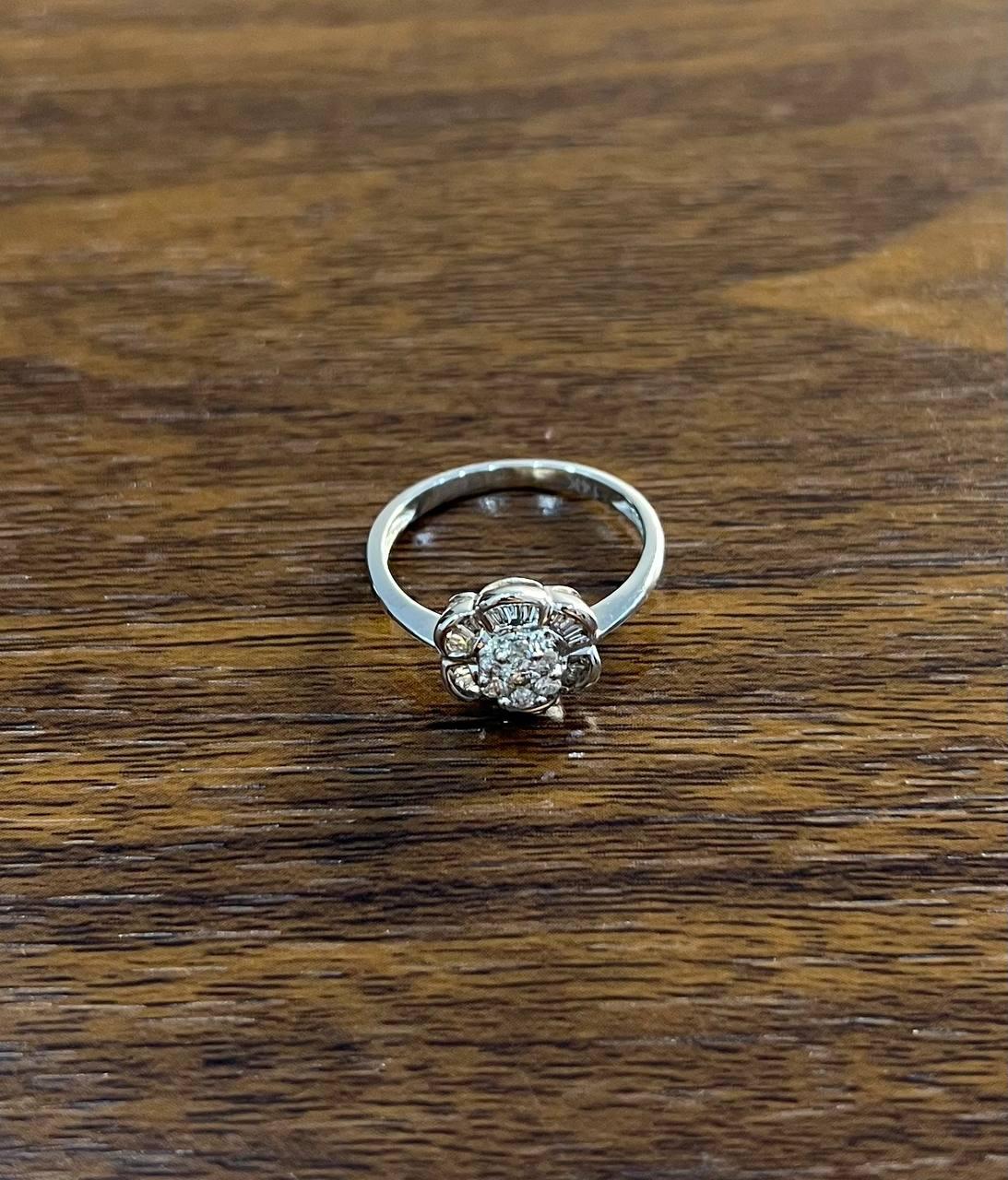 Diamond Floral Flower Petals Motif Baguette 14K White Gold Dainty Statement Ring