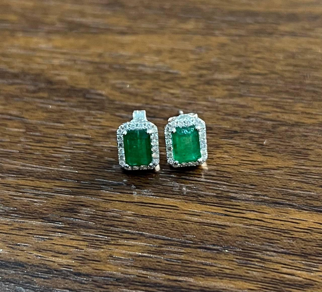 Rectangle Green Emerald Diamond Halo Set 14K White Gold Stud Earrings