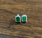 Rectangle Green Emerald Diamond Halo Set 14K White Gold Stud Earrings