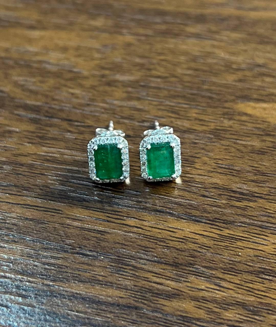 Rectangle Green Emerald Diamond Halo Set 14K White Gold Stud Earrings