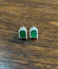Rectangle Green Emerald Diamond Halo Set 14K White Gold Stud Earrings