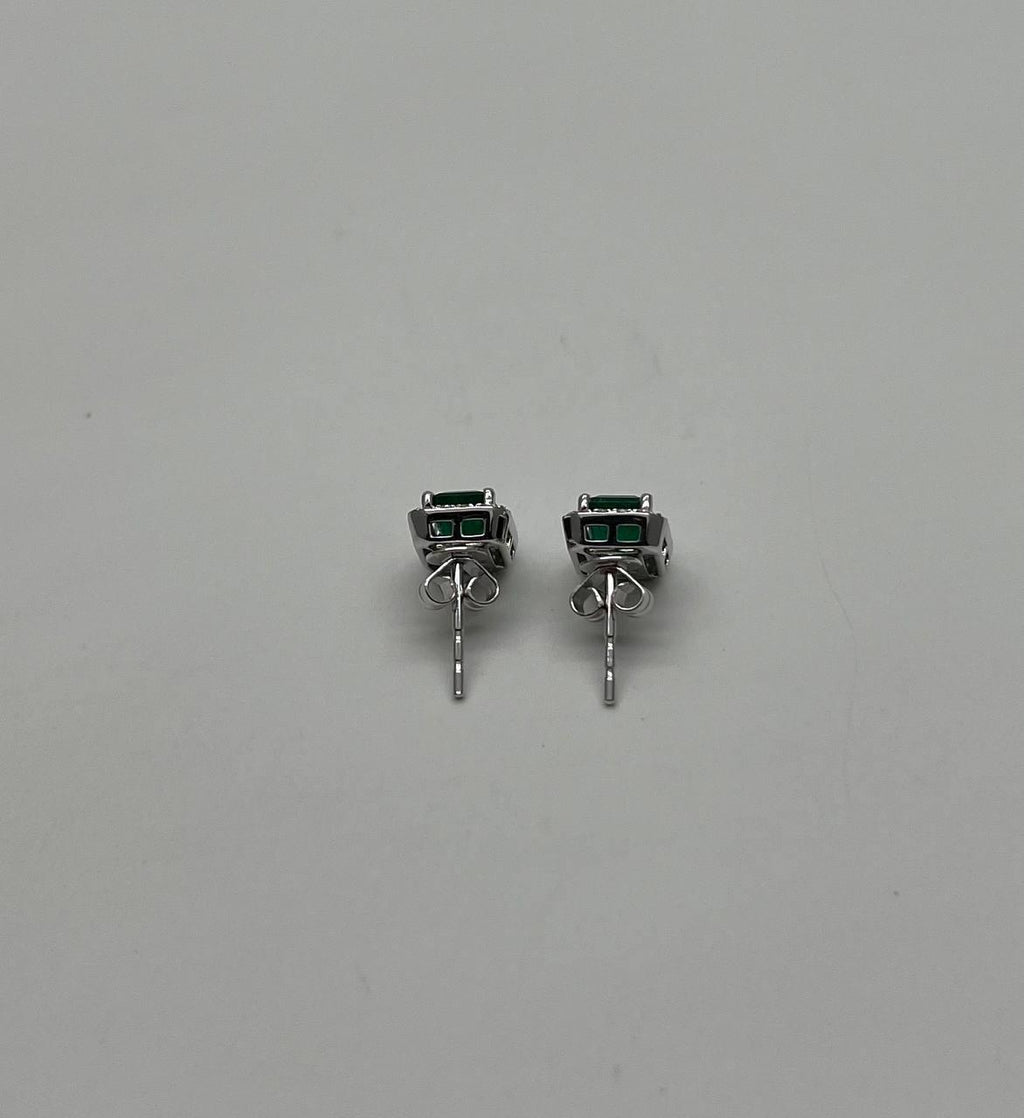 Rectangle Green Emerald Diamond Halo Set 14K White Gold Stud Earrings