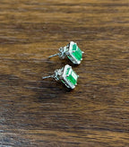 Rectangle Green Emerald Diamond Halo Set 14K White Gold Stud Earrings