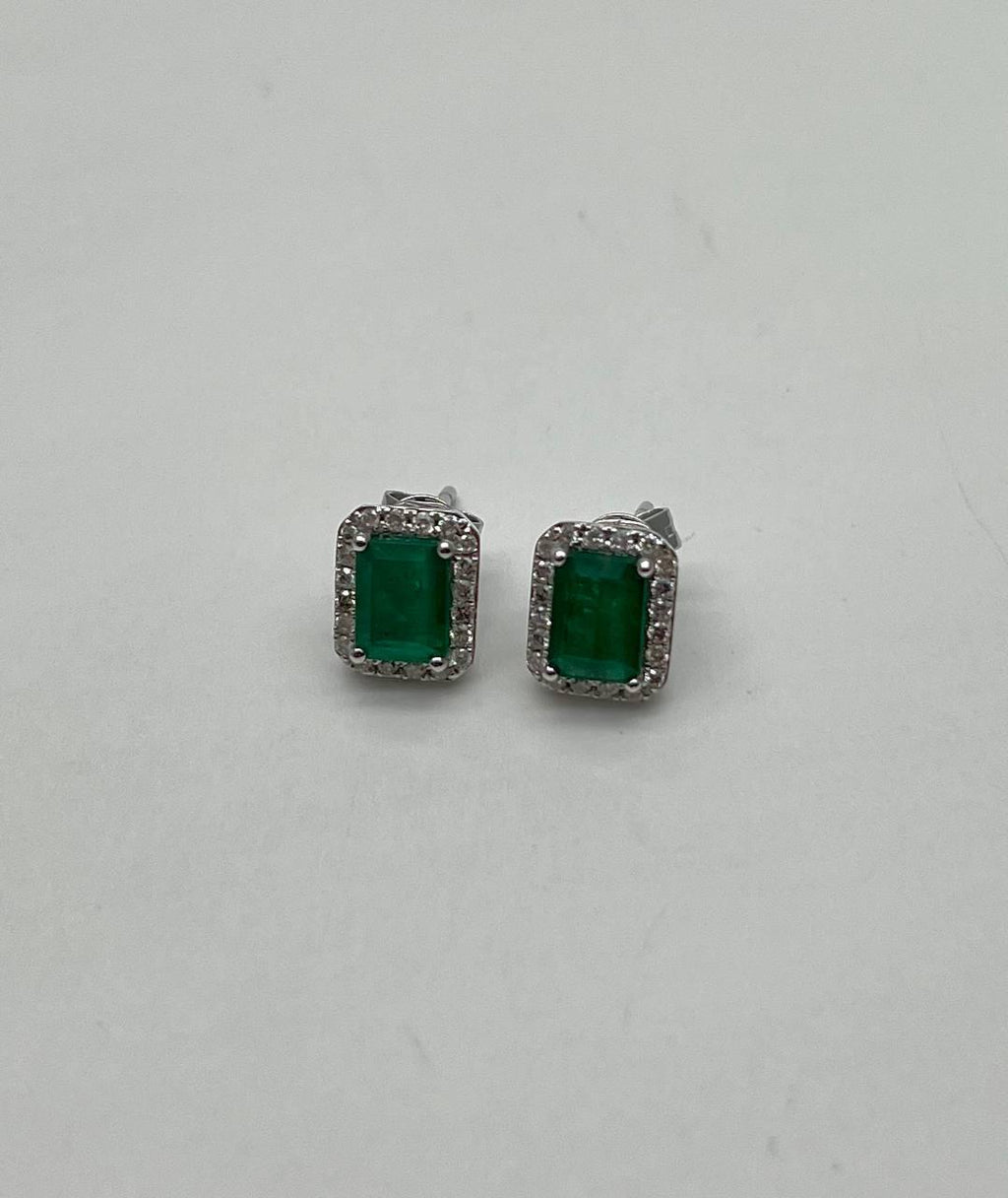 Rectangle Green Emerald Diamond Halo Set 14K White Gold Stud Earrings