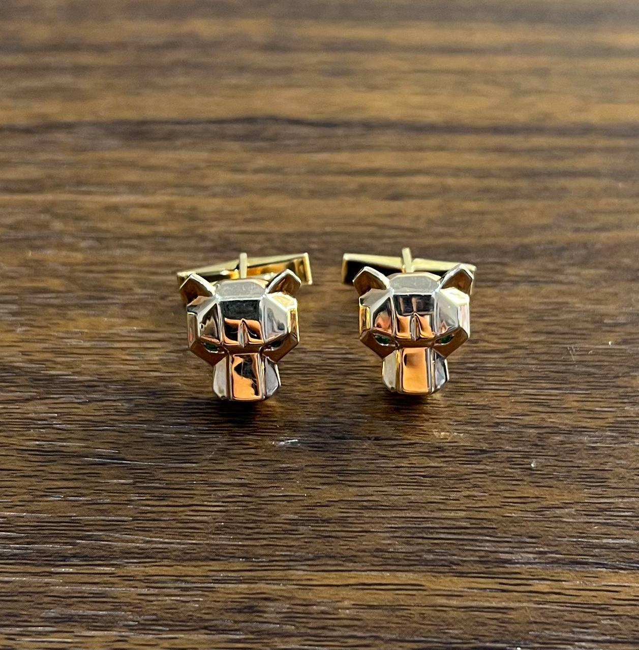 Panther Leopard Jaguar Lion 14K Rose Gold Green Emeralds Eye Statement Cufflinks