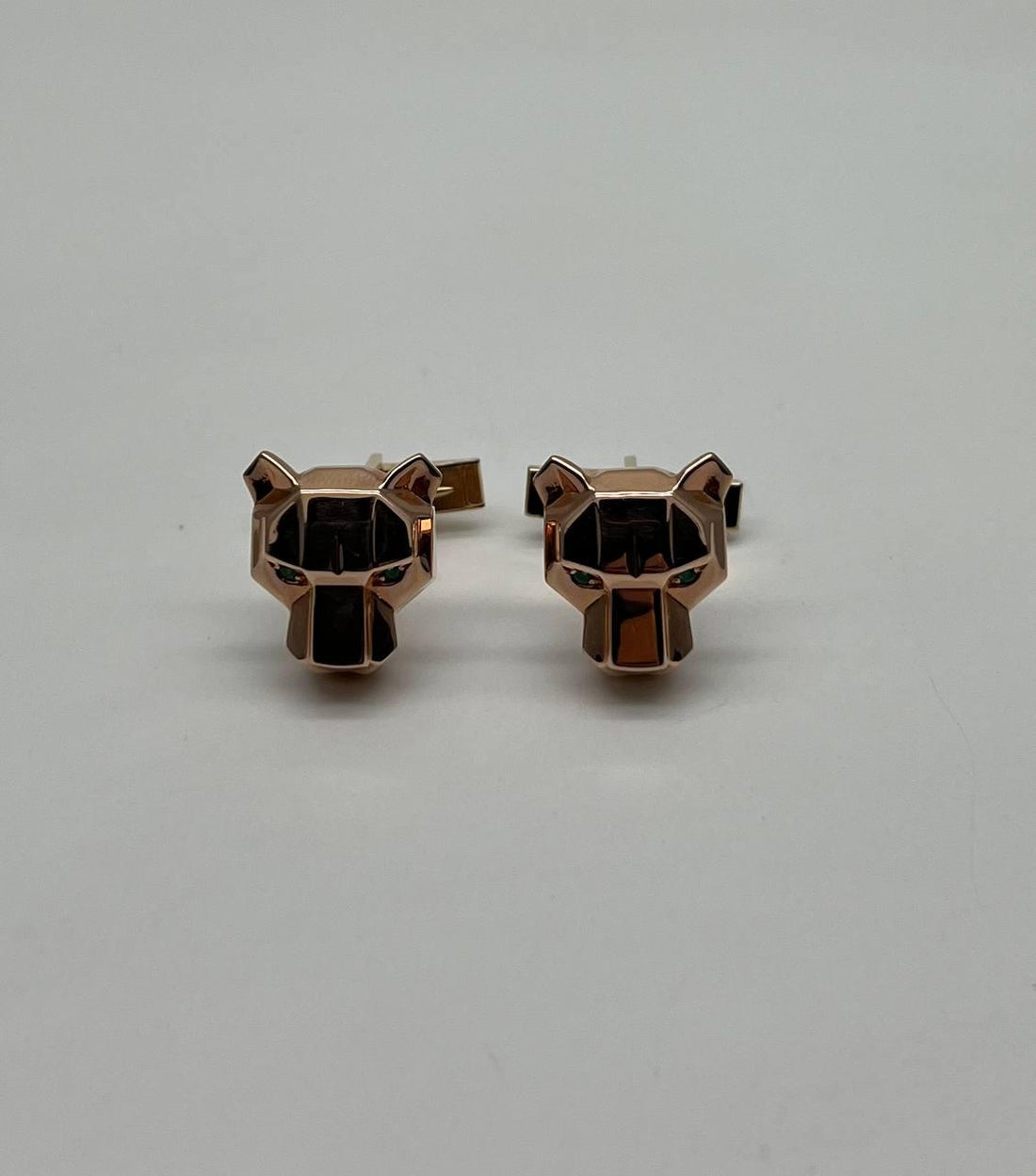 Panther Leopard Jaguar Lion 14K Rose Gold Green Emeralds Eye Statement Cufflinks