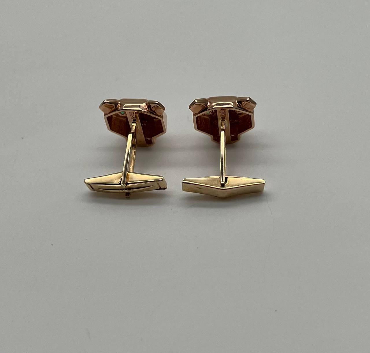 Panther Leopard Jaguar Lion 14K Rose Gold Green Emeralds Eye Statement Cufflinks