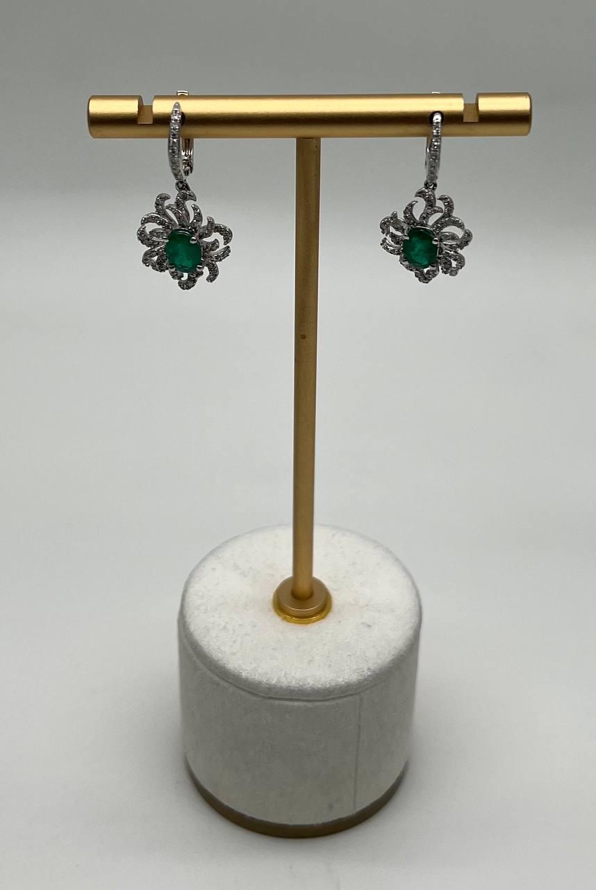 Oval Cut Green Emerald Diamond Pave Halo Oceanic Coral 14K White Gold Earrings