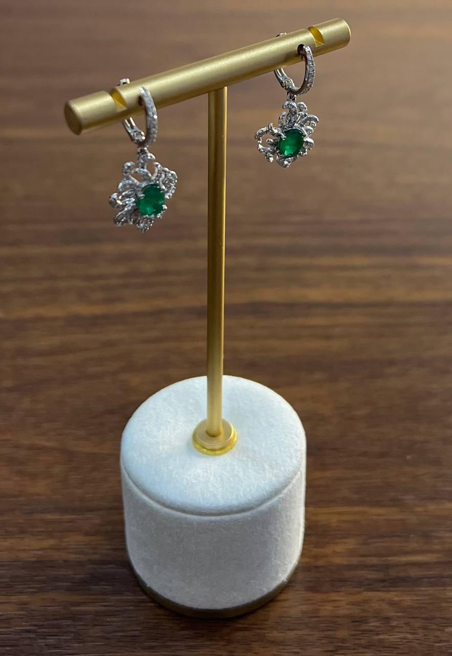 Oval Cut Green Emerald Diamond Pave Halo Oceanic Coral 14K White Gold Earrings