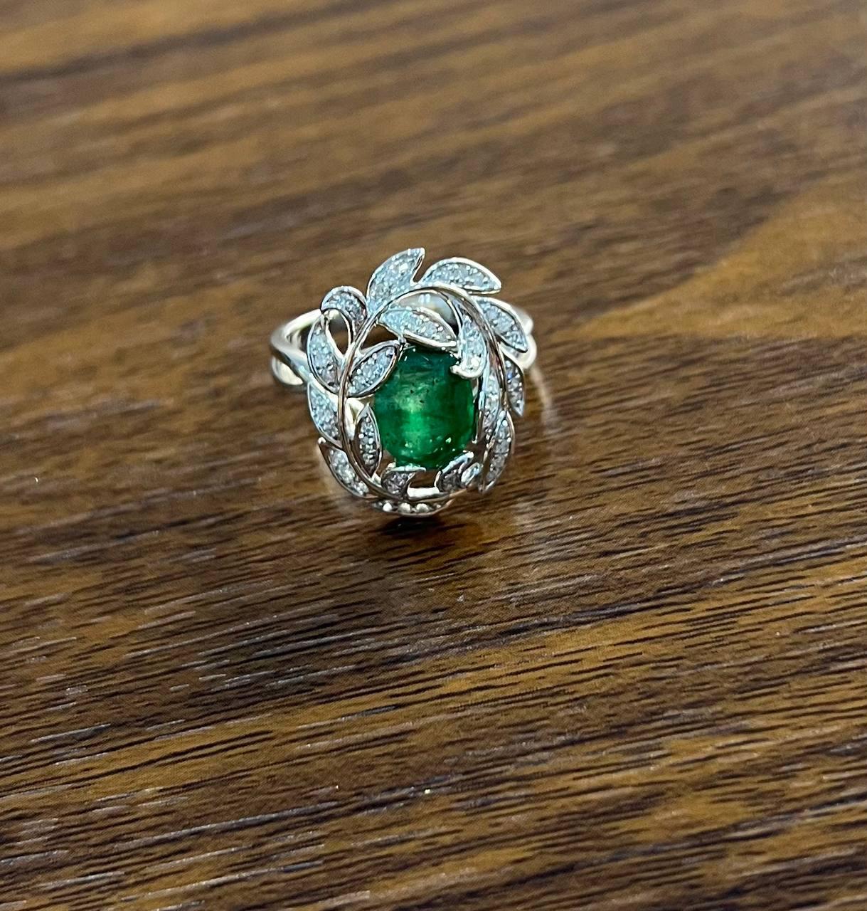 olive leaf branch motif green emerald diamond pave 14k white gold statement ring