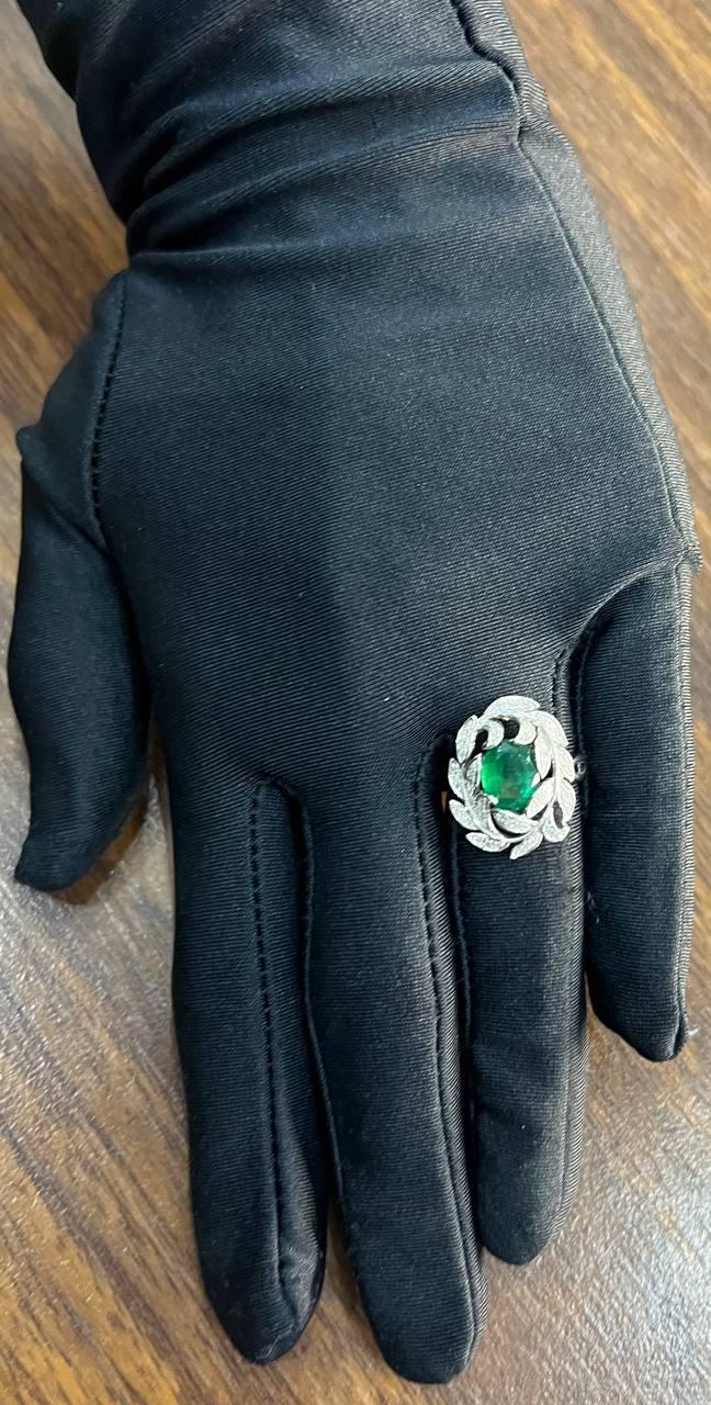 Olive Leaf Branch Motif Green Emerald Diamond Pave 14K White Gold Statement Ring