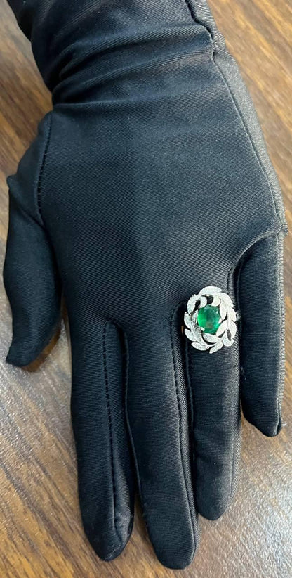 Olive Leaf Branch Motif Green Emerald Diamond Pave 14K White Gold Statement Ring