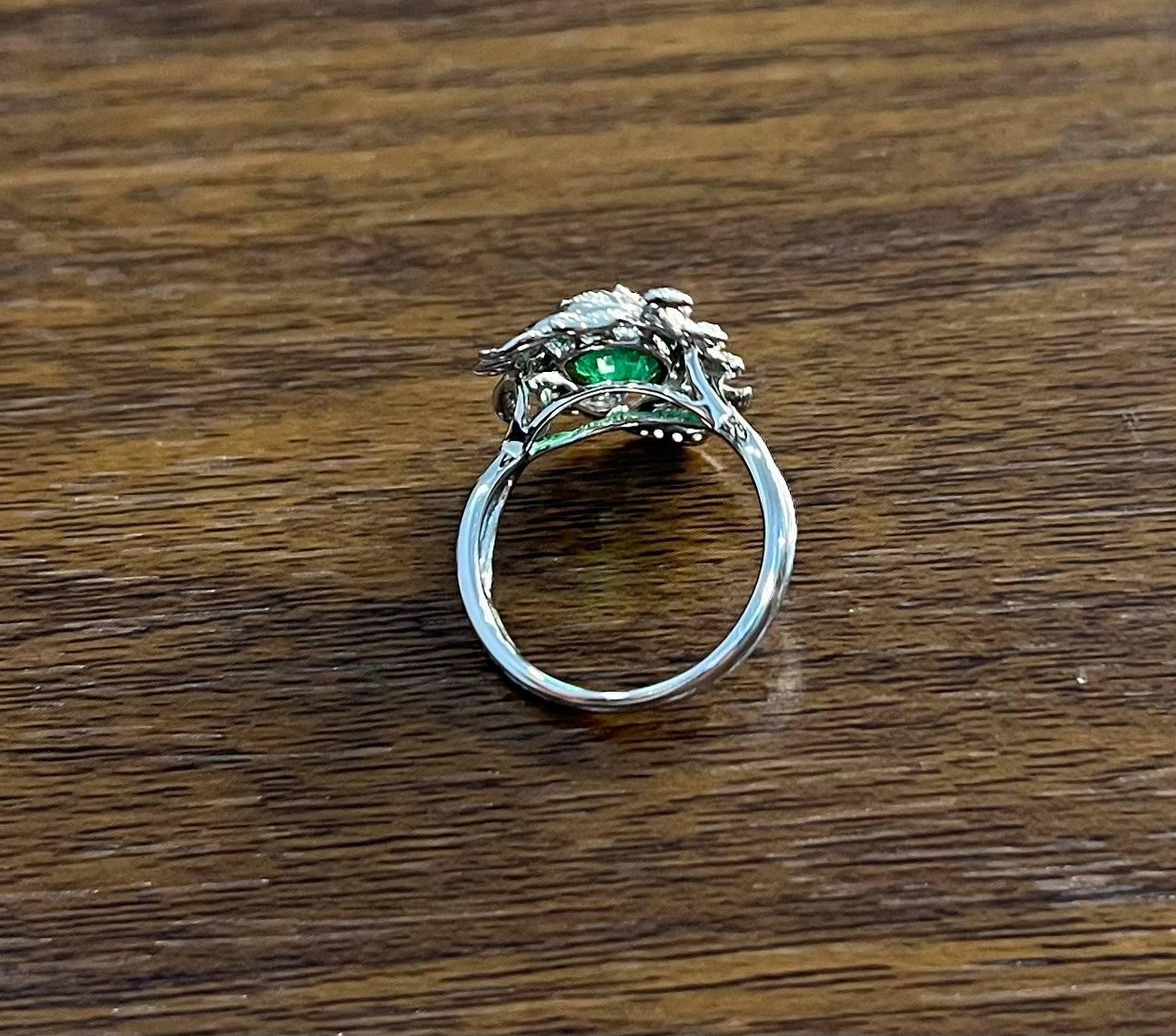 Olive Leaf Branch Motif Green Emerald Diamond Pave 14K White Gold Statement Ring