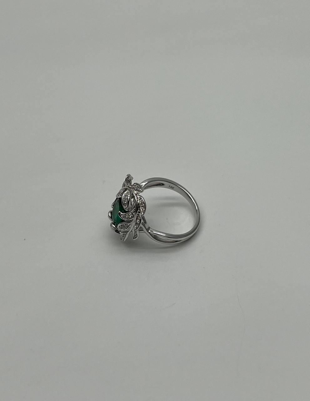 Olive Leaf Branch Motif Green Emerald Diamond Pave 14K White Gold Statement Ring
