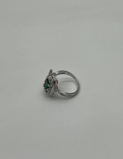 Olive Leaf Branch Motif Green Emerald Diamond Pave 14K White Gold Statement Ring