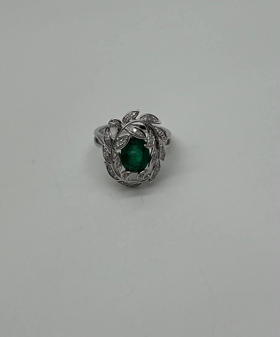 Olive Leaf Branch Motif Green Emerald Diamond Pave 14K White Gold Statement Ring