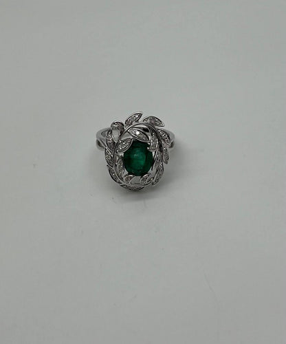 Olive Leaf Branch Motif Green Emerald Diamond Pave 14K White Gold Statement Ring
