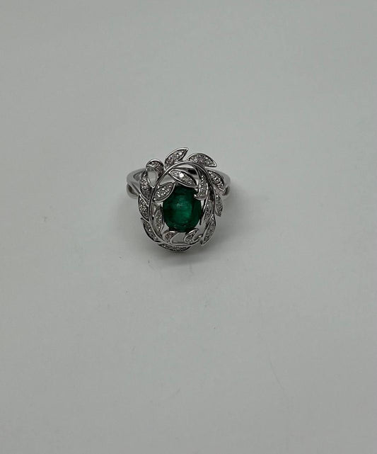 Olive Leaf Branch Motif Green Emerald Diamond Pave 14K White Gold Statement Ring