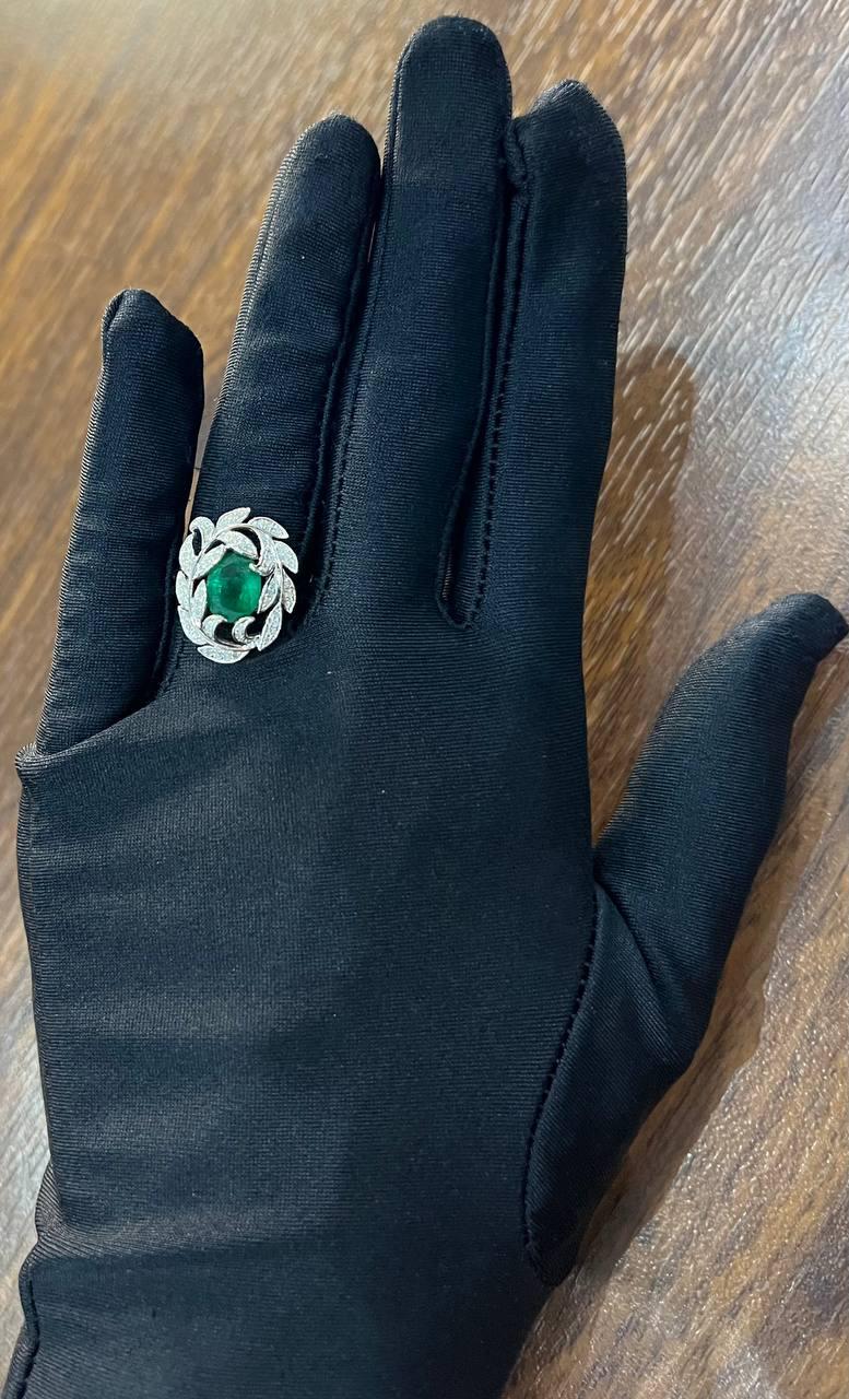 olive leaf branch motif green emerald diamond pave 14k white gold statement ring