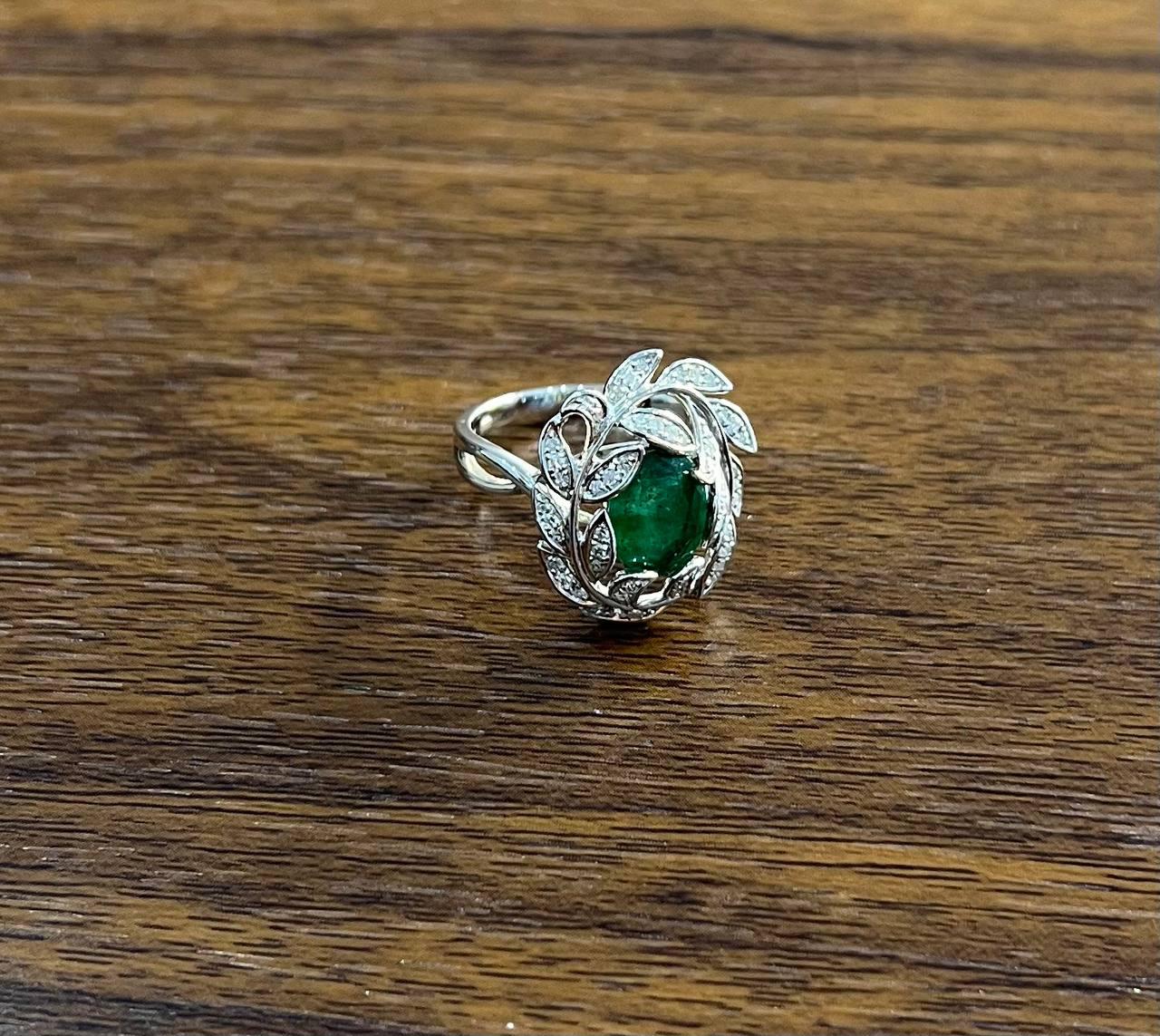 Olive Leaf Branch Motif Green Emerald Diamond Pave 14K White Gold Statement Ring